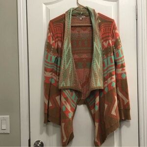 Blu Pepper Vintage Size L Southwestern Aztec Knit Open Front Waterfall Cardigan